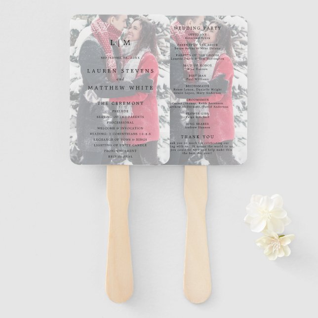 Simple Black White Photo Elegant Wedding Program Hand Fan (Front and Back)