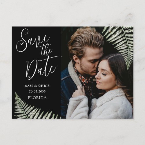 Simple Black  White Photo Fern Save the Date Announcement Postcard