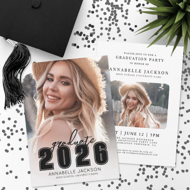 Simple Black White Photo Graduation Invitation (Grad Party Simple Black White Photo Graduation Invitation )