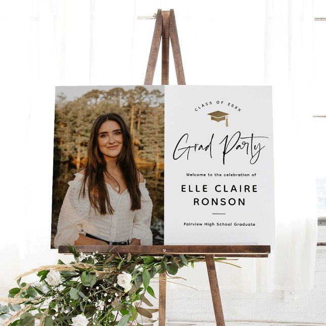 Simple Black White Photo Graduation Party Welcome Foam Board (Modern black and white script photo graduation party welcome sign.)