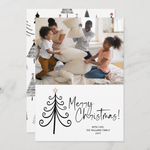 Simple Black White Photo Merry Christmas Tree  Holiday Card