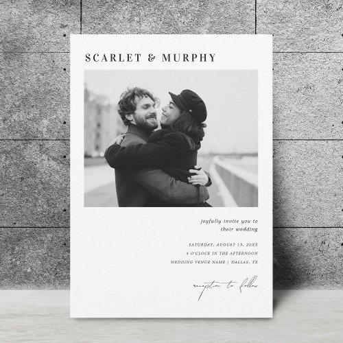Simple Black White Photo Monogram  Script Wedding Invitation