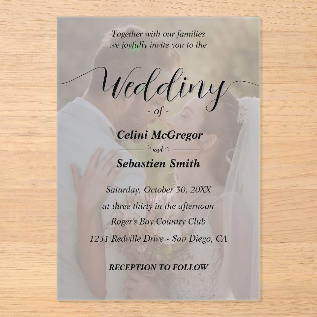 Simple Black & White Photo Overlay Wedding  Acrylic Invitations (Front)