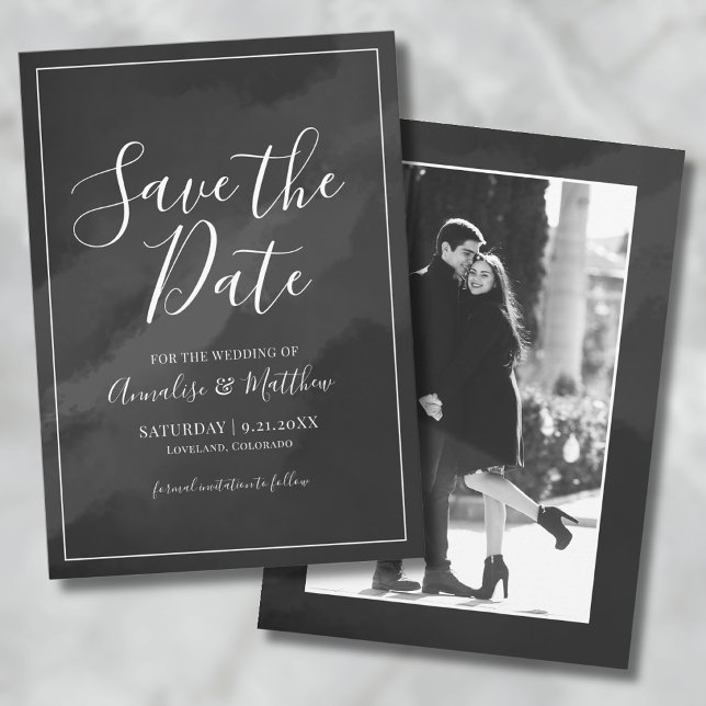 Simple Black White Photo Save the Date Wedding Invitation (Elegant Script Black White Save the Date Wedding Invitation)