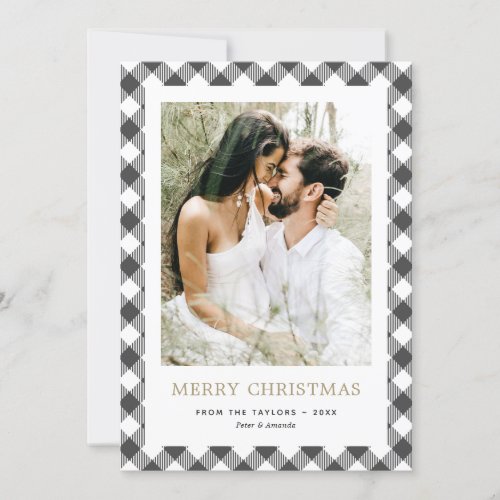 Simple Black White Plaid Photo Merry Christmas Holiday Card