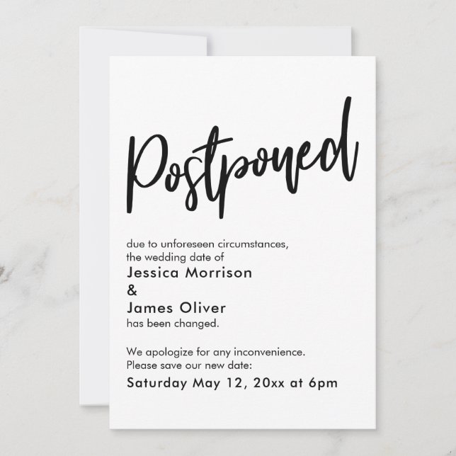 Simple Black White Postponed Wedding Announcement (Front)