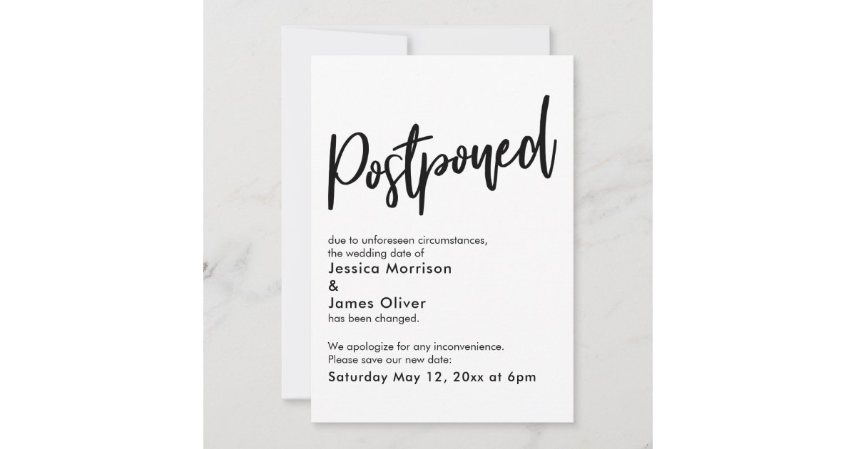 Simple Black White Postponed Wedding Announcement | Zazzle
