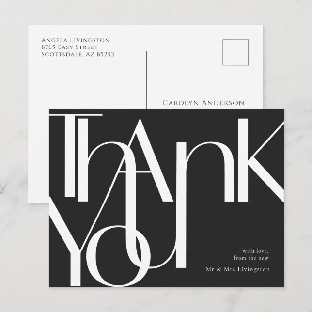 Simple Black White Pre-Addressed Thank You Postcard (Front/Back)