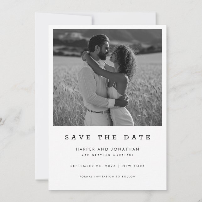 Simple Black & White QR Code Wedding Photo Save The Date (Front)