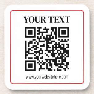 Simple Black & White QR code with Red Border Beverage Coaster