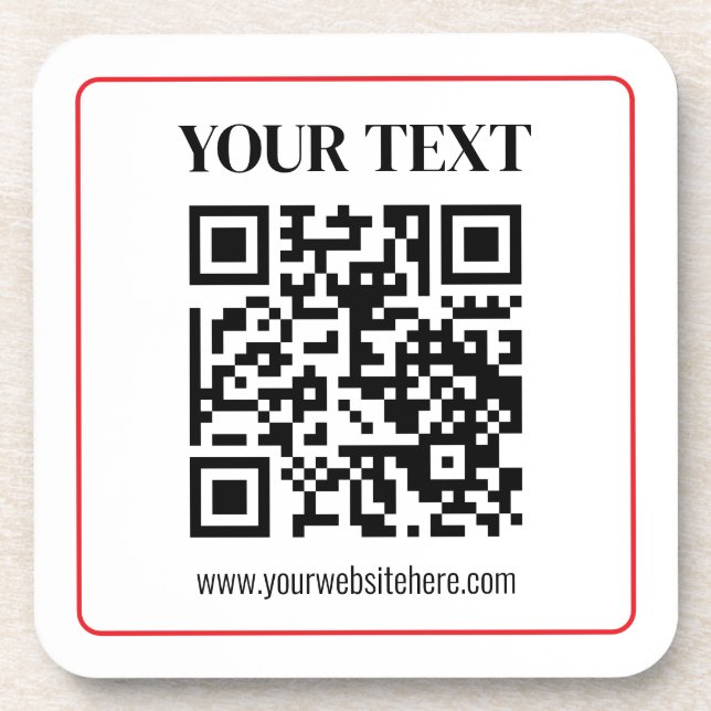 Simple Black & White QR code with Red Border Beverage Coaster (Front)