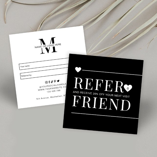 Simple Black & White Refer a Friend Makeup Artist Referral Card (Add your business name or logo and make these client referral discount cards your own)
