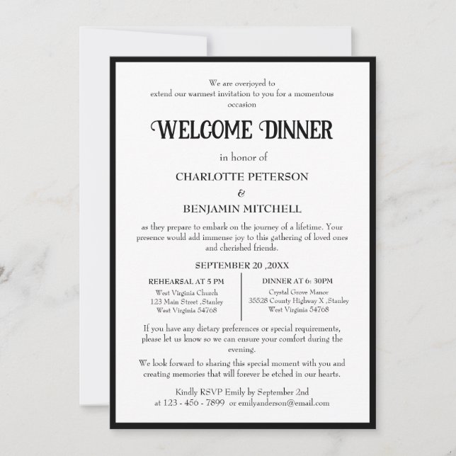 Simple Black & White Rehearsal Welcome Dinner  Invitation (Front)
