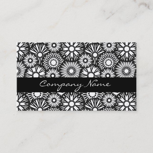 Simple Black White Retro 70s Graphic Daisy Pattern Business Card (Front)