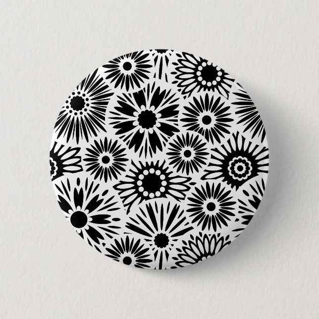 Simple Black White Retro 70s Graphic Daisy Pattern Button (Front)