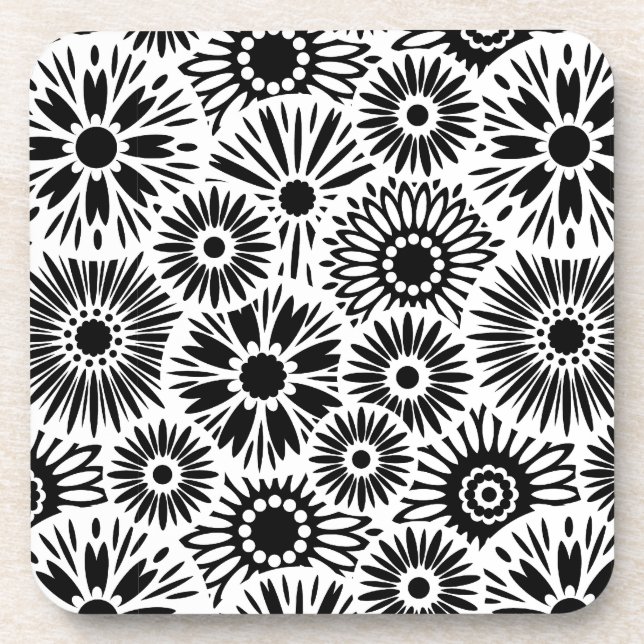Simple Black White Retro 70s Graphic Daisy Pattern Coaster (Front)