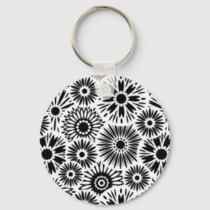 Simple Black White Retro 70s Graphic Daisy Pattern Keychain