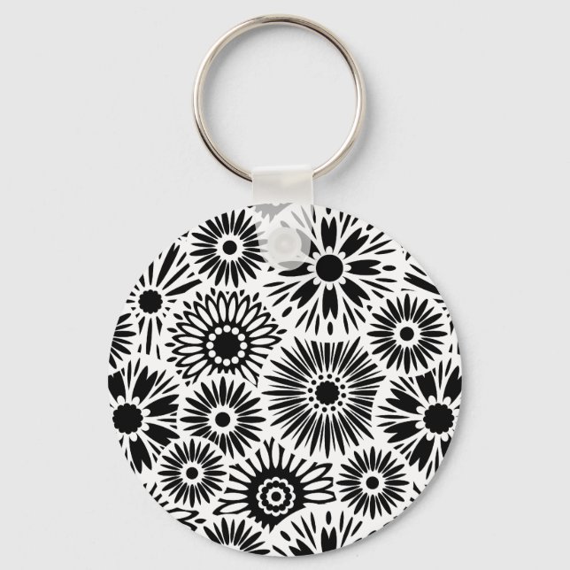 Simple Black White Retro 70s Graphic Daisy Pattern Keychain (Front)