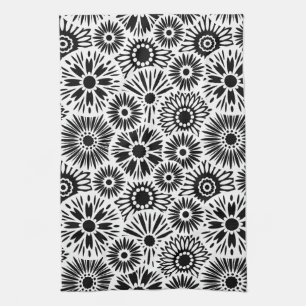 Simple Black White Retro 70s Graphic Daisy Pattern Kitchen Towel