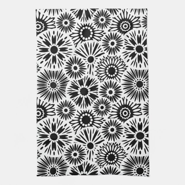 Simple Black White Retro 70s Graphic Daisy Pattern Kitchen Towel (Vertical)