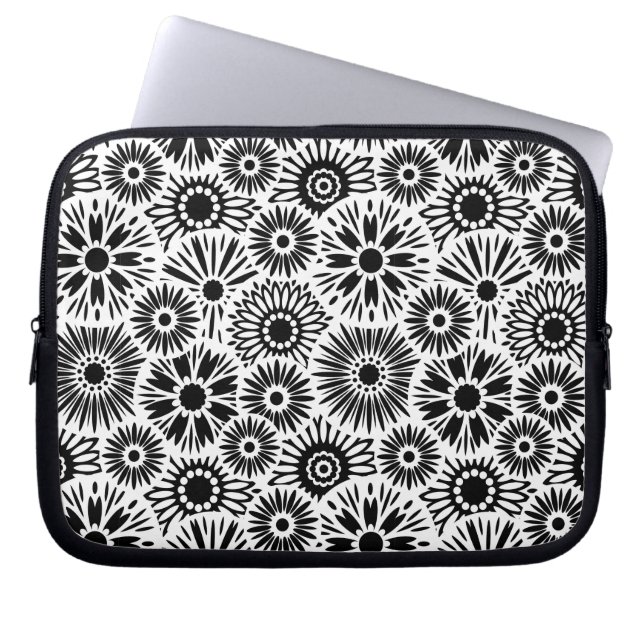 Simple Black White Retro 70s Graphic Daisy Pattern Laptop Sleeve (Front)