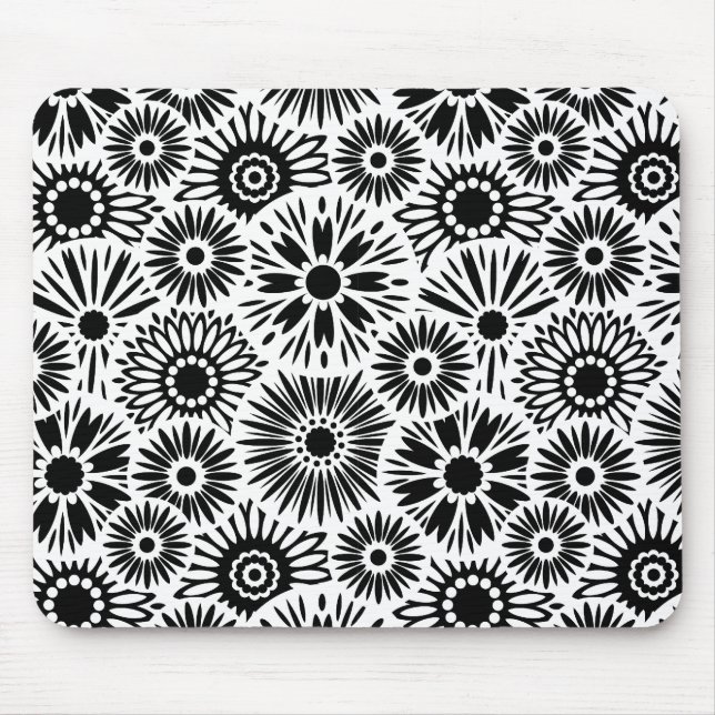 Simple Black White Retro 70s Graphic Daisy Pattern Mouse Pad (Front)