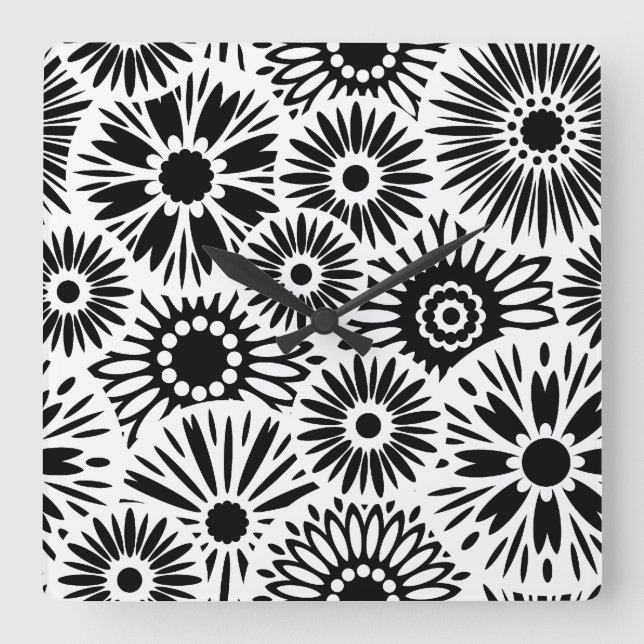 Simple Black White Retro 70s Graphic Daisy Pattern Square Wall Clock (Front)