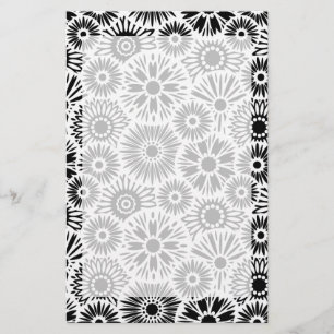 Simple Black White Retro 70s Graphic Daisy Pattern Stationery