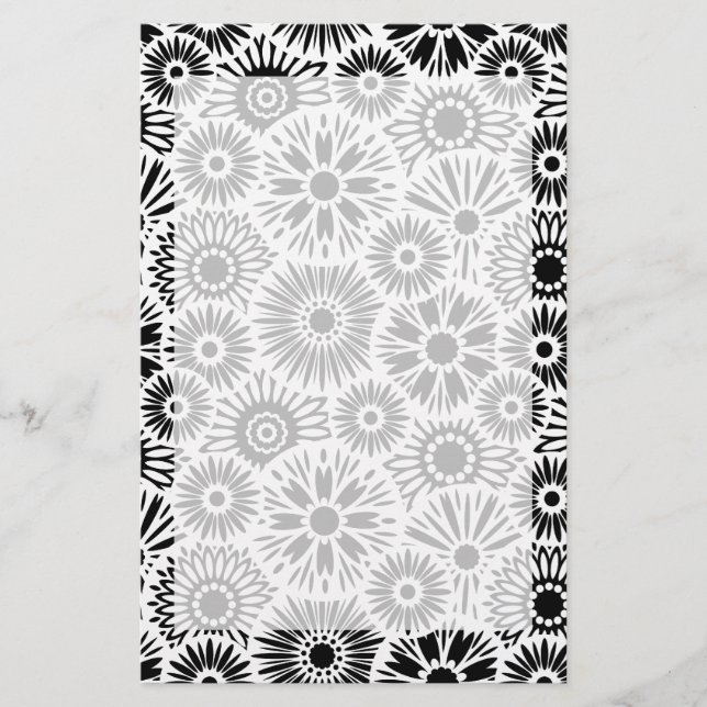 Simple Black White Retro 70s Graphic Daisy Pattern Stationery (Front)