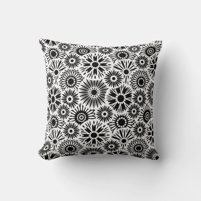 Simple Black White Retro 70s Graphic Daisy Pattern Throw Pillow (Front)