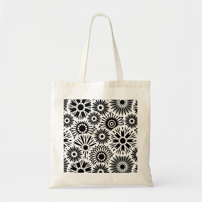 Simple Black White Retro 70s Graphic Daisy Pattern Tote Bag (Front)