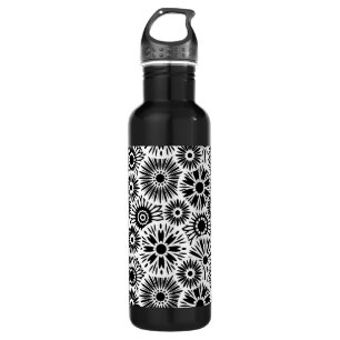 Simple Black White Retro 70s Graphic Daisy Pattern Water Bottle