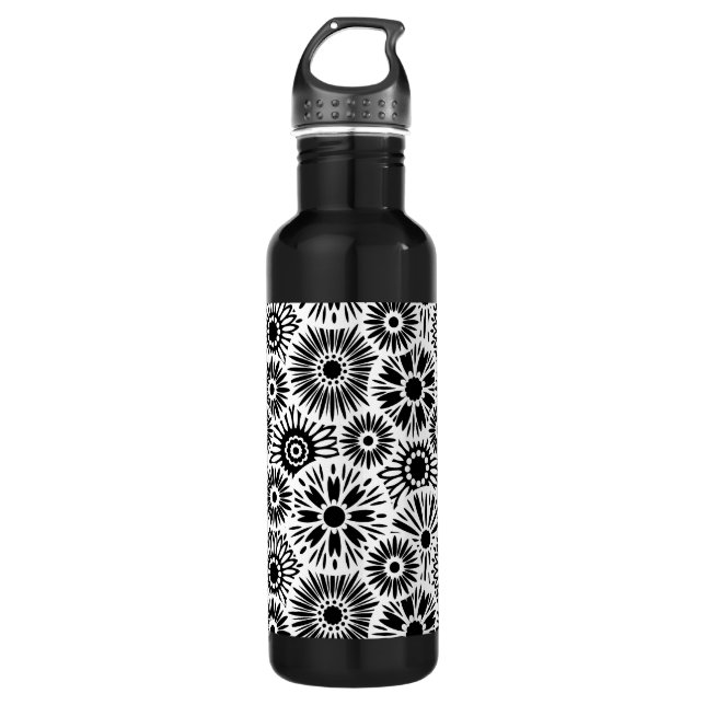 Simple Black White Retro 70s Graphic Daisy Pattern Water Bottle (Front)