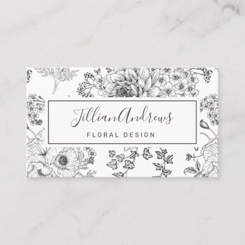 Simple Black White Rose Floral Design Professional Business Card