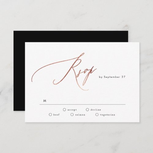 Simple Black White Rose Gold Calligraphy Wedding RSVP Card