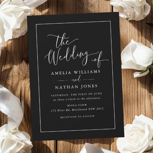 Simple Black White Rustic Script Wedding   Invitation