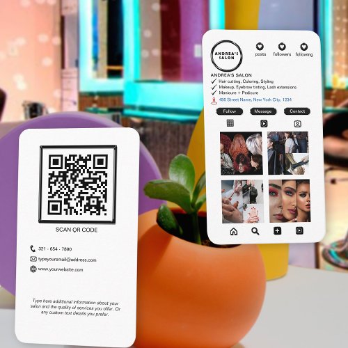 Simple Black White Salon Instagram QR Code Modern  Business Card