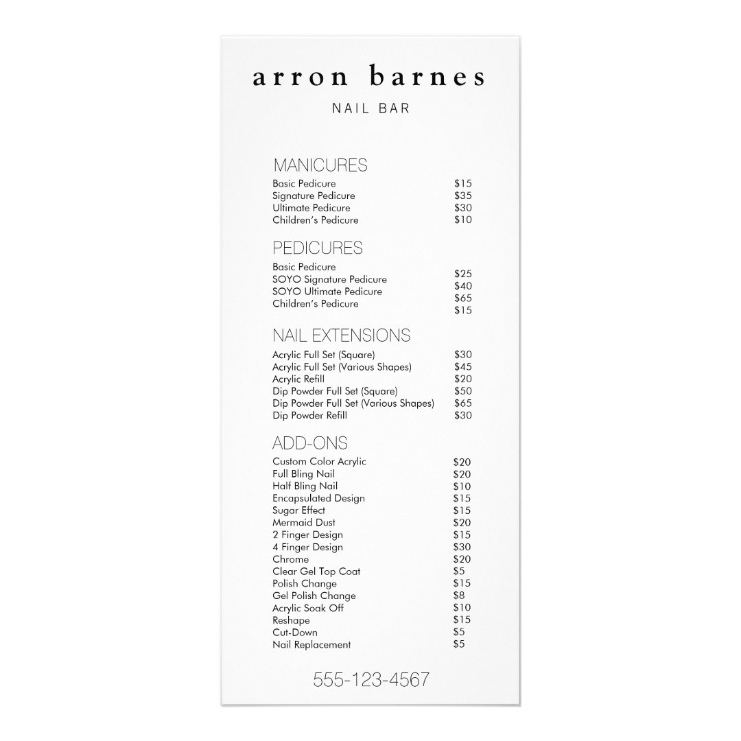 Simple Black White Salon Price List Service Menu Zazzle