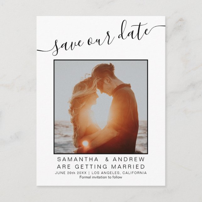 Simple black white save the date frame chic photo announcement postcard (Front)
