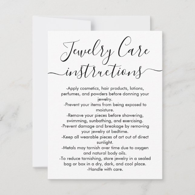 Simple Black White Script Jewelry Care Card (Front)