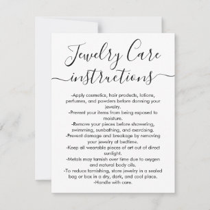 Simple Black White Script Jewelry Care Card