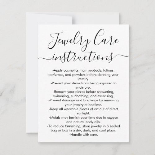 Simple Black White Script Jewelry Care Card
