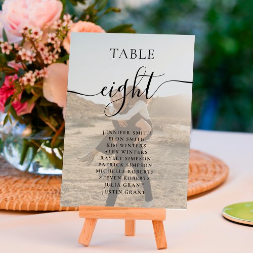 Simple black white script names photos wedding table number