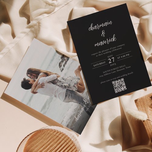 Simple Black White Script Photo QR Code Wedding Invitation