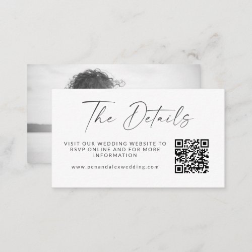 Simple Black White Script Photo Wedding QR Code Enclosure Card