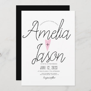 Simple Black White Script Pink Heart Type Wedding Invitation