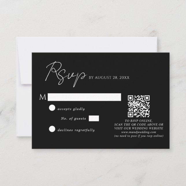 Simple Black White Script QR Code Wedding RSVP Card (Front)