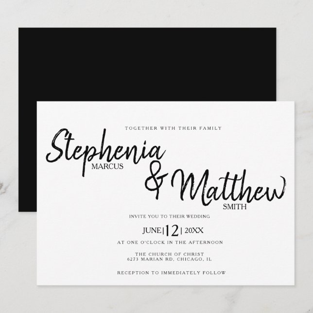 Simple Black White Script Typography Bold Wedding Invitation (Front/Back)