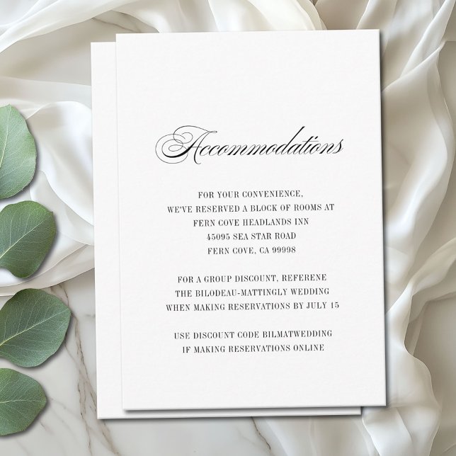 Simple Black White Script Wedding Accommodations Enclosure Card (Minimal modern information enclosure card with a vintage flair)
