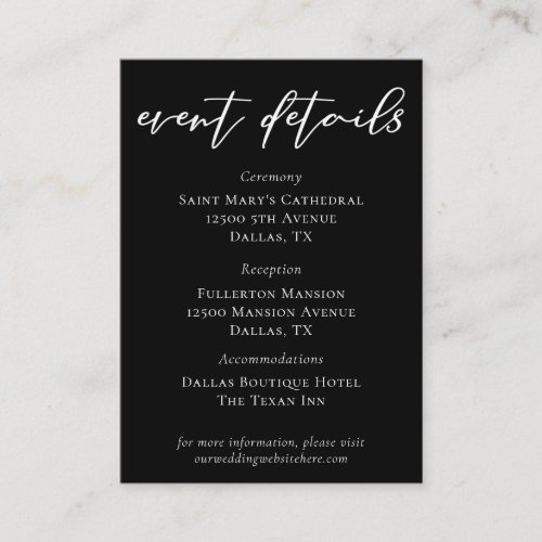 Simple Black White Script Wedding Event Details Enclosure Card